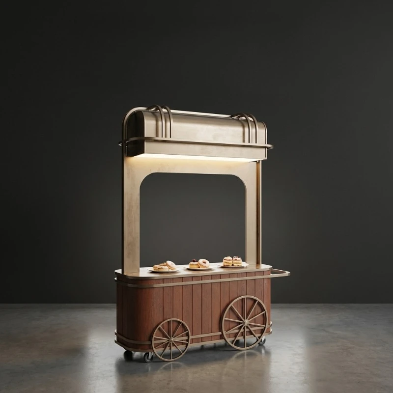 Outdoor stainless steel retro wooden mobile dining cart, multi-functional snack cart with wheels