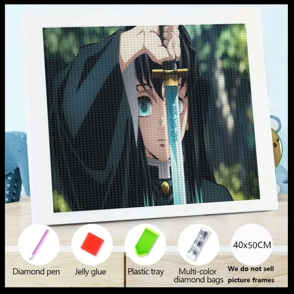 

5D DIY Алмазная картина Аниме Персонаж с длинными черными волосами Ярко-голубые глаза с мечом Вертикальный кристалл Алмазный художественный комплект 40x
