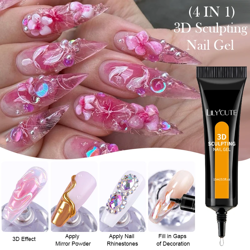 LILYCUTE 15 مللي ثلاثية الأبعاد مسمار الفن النحت هلام-4 في 1 DIY بها بنفسك تشكيل نحت لاصق الغراء مقاوم للماء مانيكير لتقوم بها بنفسك مسمار الفن تصميم