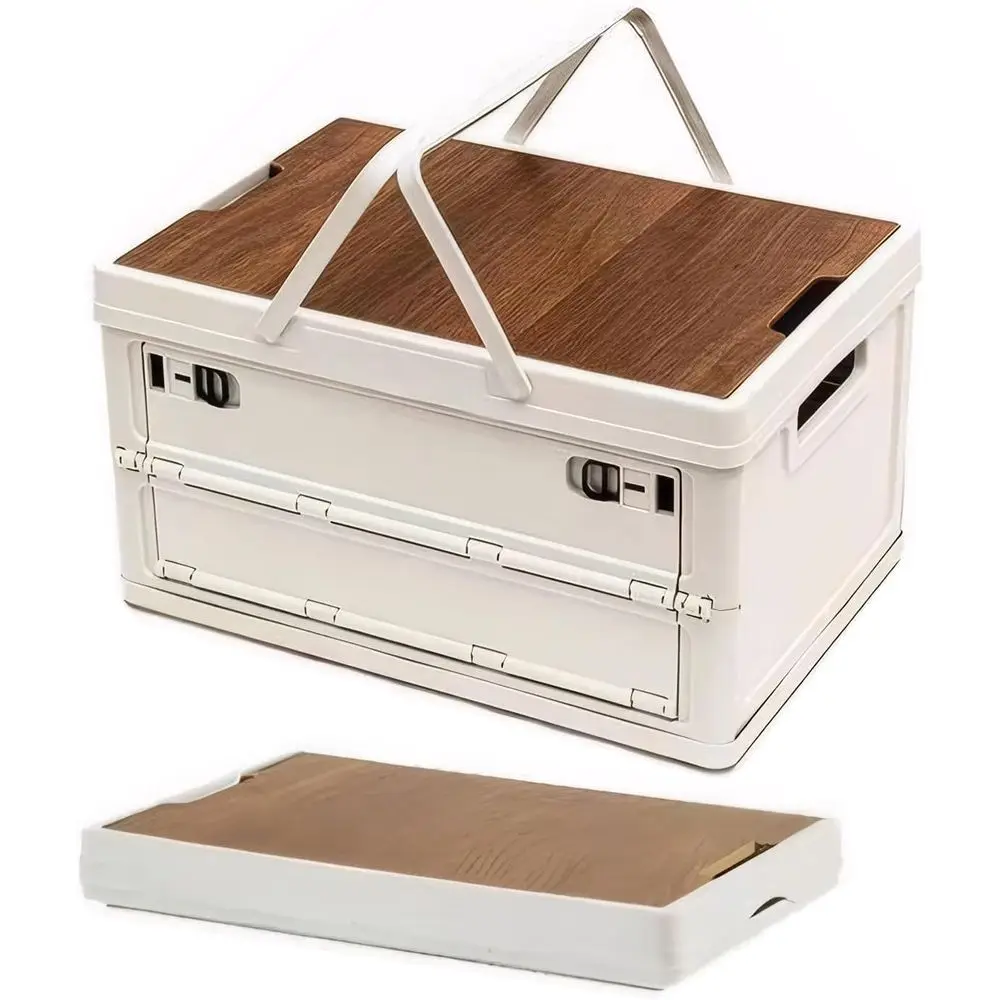 

Lightweight PP Storage Box with Wood-Lid - Ideal for Camping, Daily Items, Snacks, Clothing Storage (White, Large)