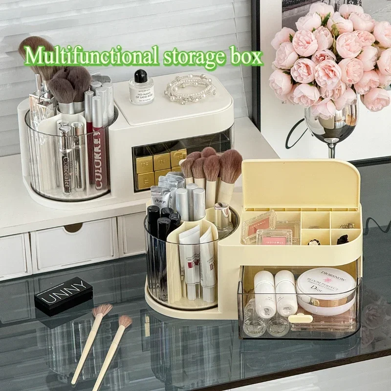 Desktop Rotating Stationery Organizer Large Capacity Multi-grid Cosmetics Storage Box with Drawer Rack Organizer School Supplies