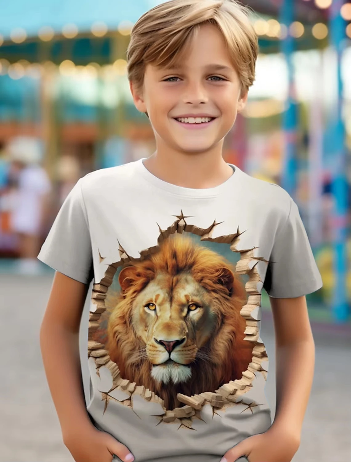 

New 3D Cartoon Print Children's T-shirt Cute Round Neck Short T-shirt Boys And Girls Short-sleeved 3D Lion Giraffe Wolf T-shirt