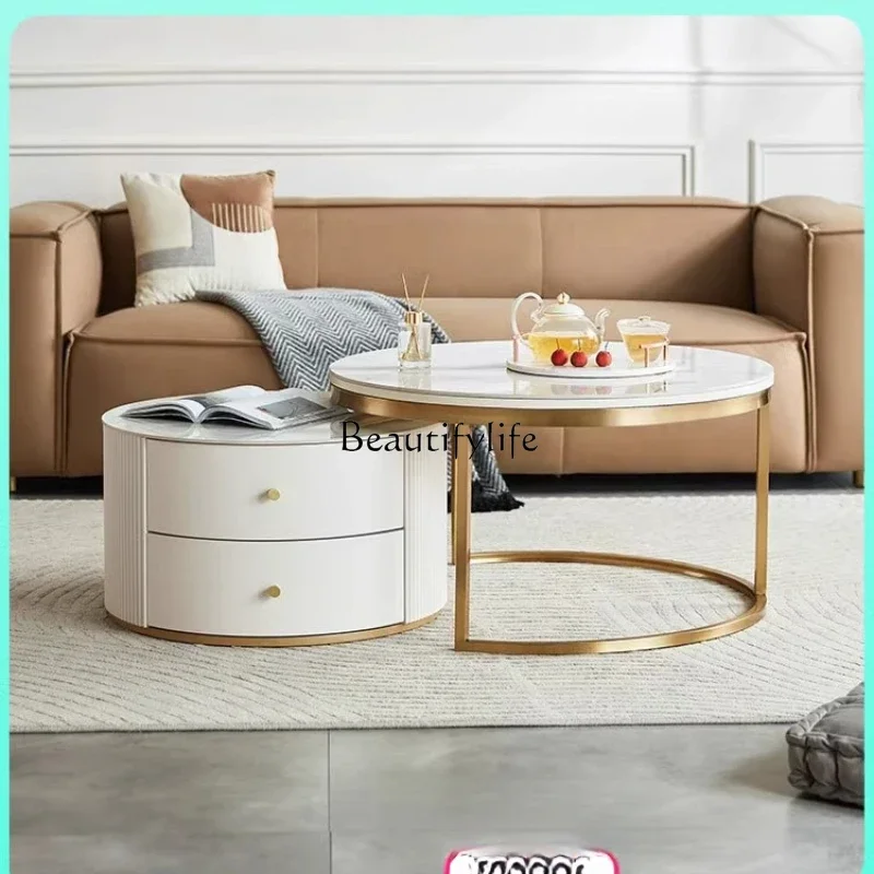 Modern light luxury rock slab coffee table round living room household tea table