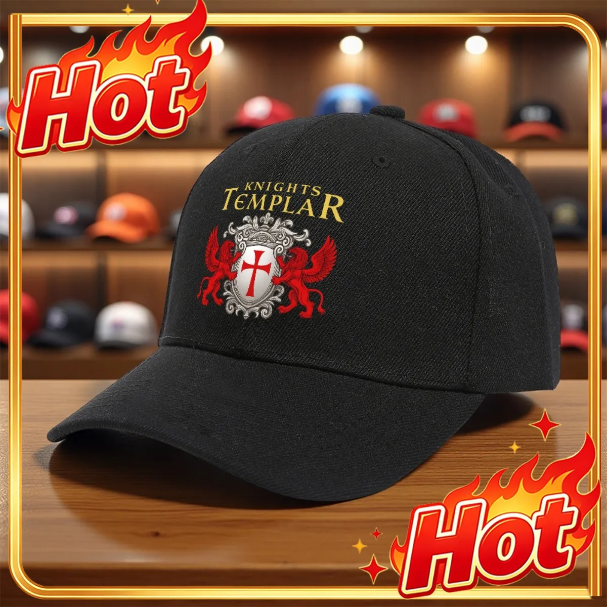 Custom Hat Knights Templar Golden Crusader Cross Sword Emblem Design Me Baseball Cap Trucker Hat Summer Hat Sports Print Polyest