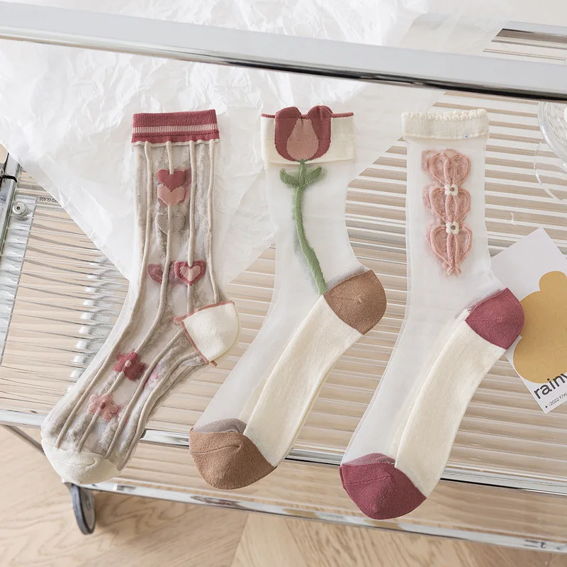 Women Summer Mid Calf Socks Tulip Pattern Transparent Crystal Glass Silk Ladies Hosiery