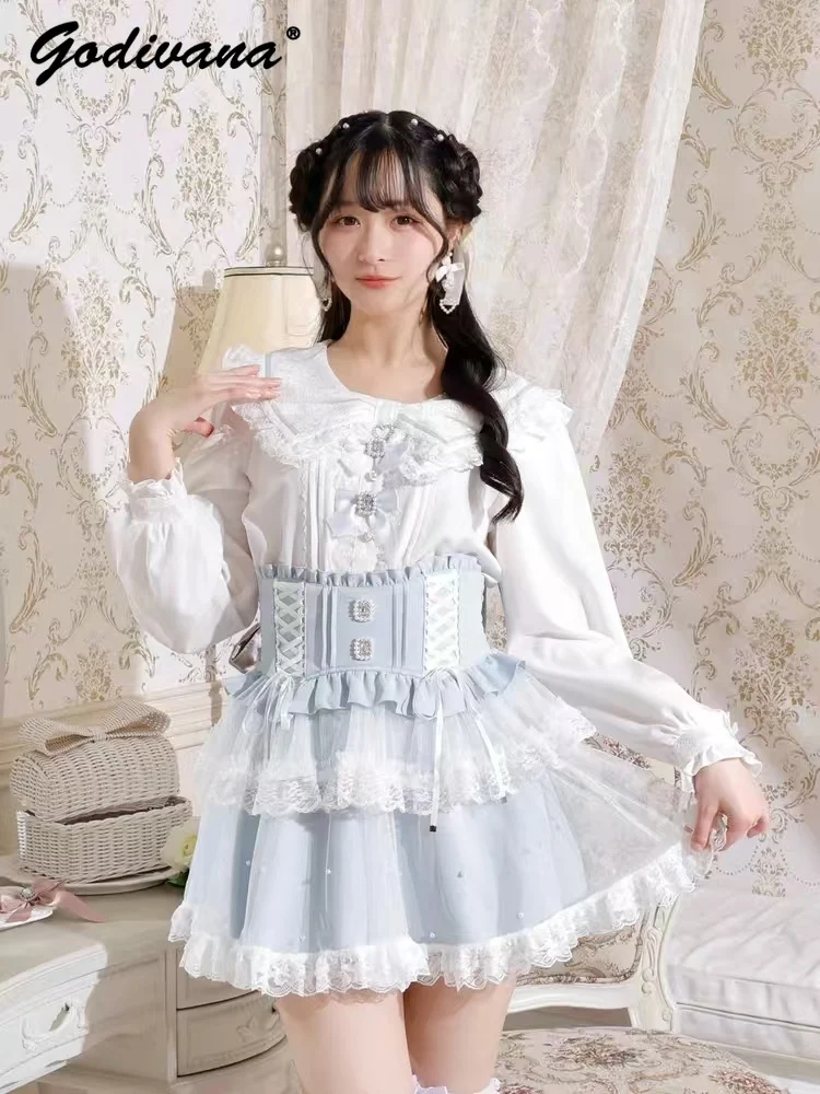 Japanese Mine Series Mass-produced Cute Bow Ribbon Lace Navy Collar Shirt Girls Lolita Rhinestone Lace Blouses Sweet Blusas