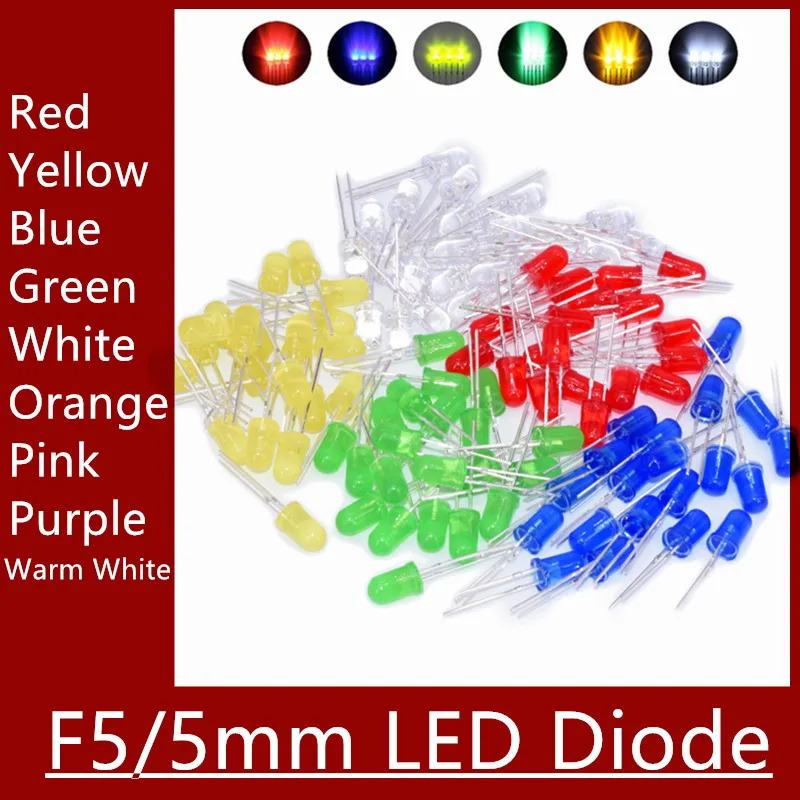 

100PCS/LOT 5mm LED Diode F5 Assorted Kit White Green Red Blue Yellow Orange Pink Purple Warm White DIY Light Emitting Diode