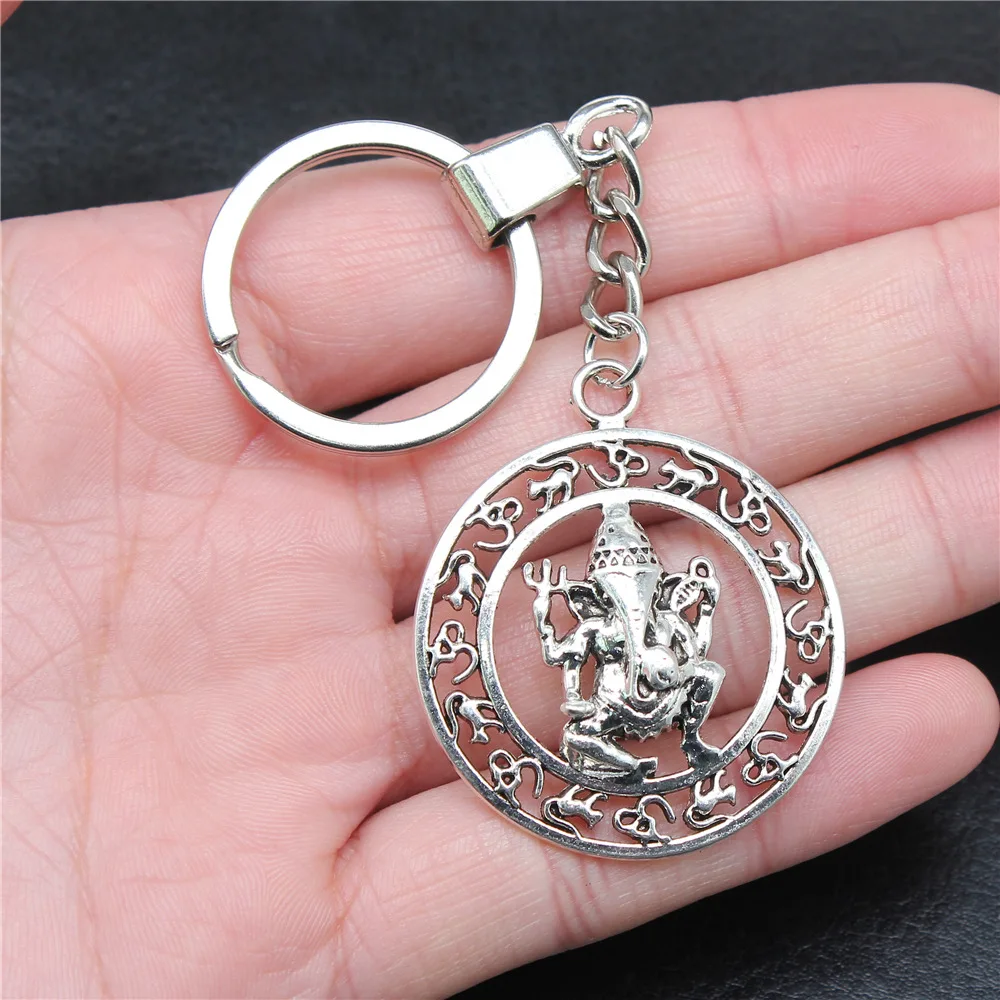 Men Jewelry Gift Vintage Antique Silver Color 38x38mm Indian Elephant God Om Pendants Keychain Keyring Holder