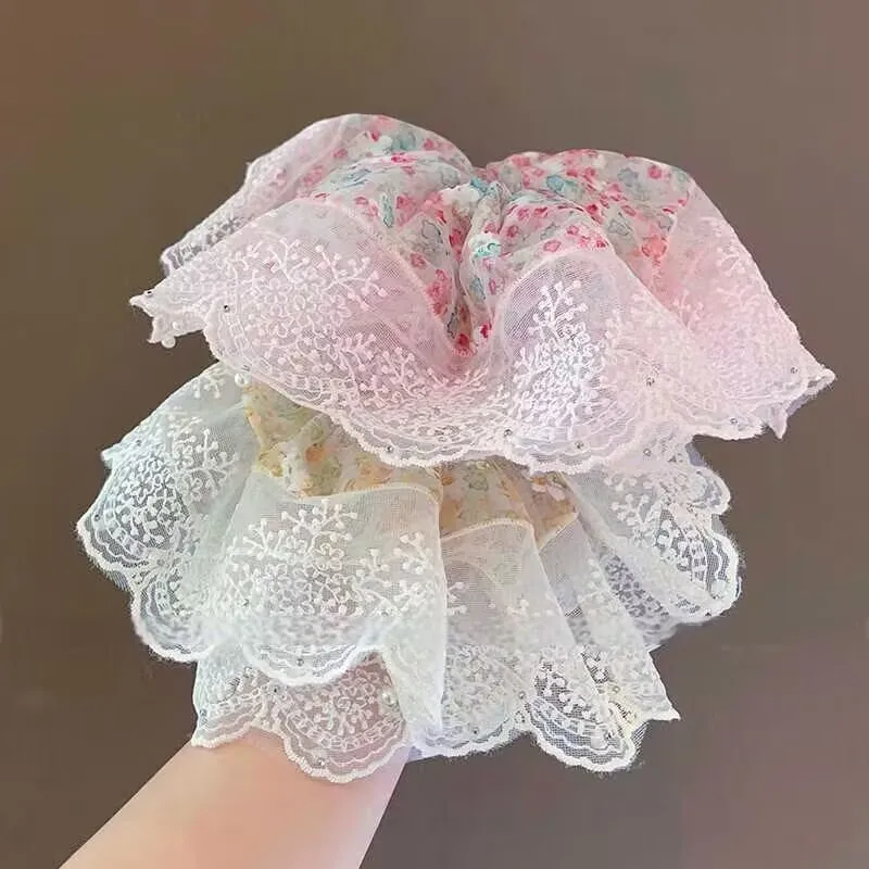 

2025 new lace edge large intestine ring female Mori floral flower bow headgear spring versatile headrope hair accessories