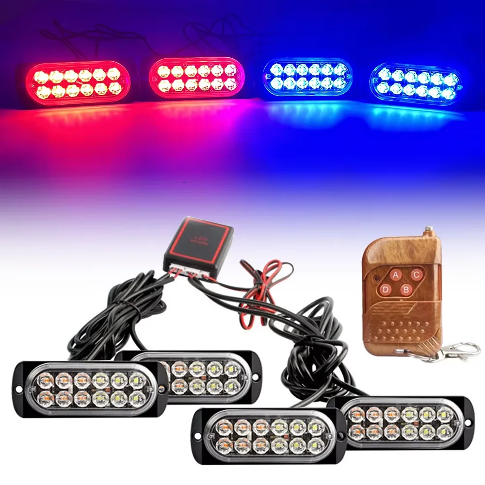 

4 In 1 12LED Emergency Strobe Lights With Remote Control Police Lights Cars Truck Van SUV Grille Flash Signal Running Lights