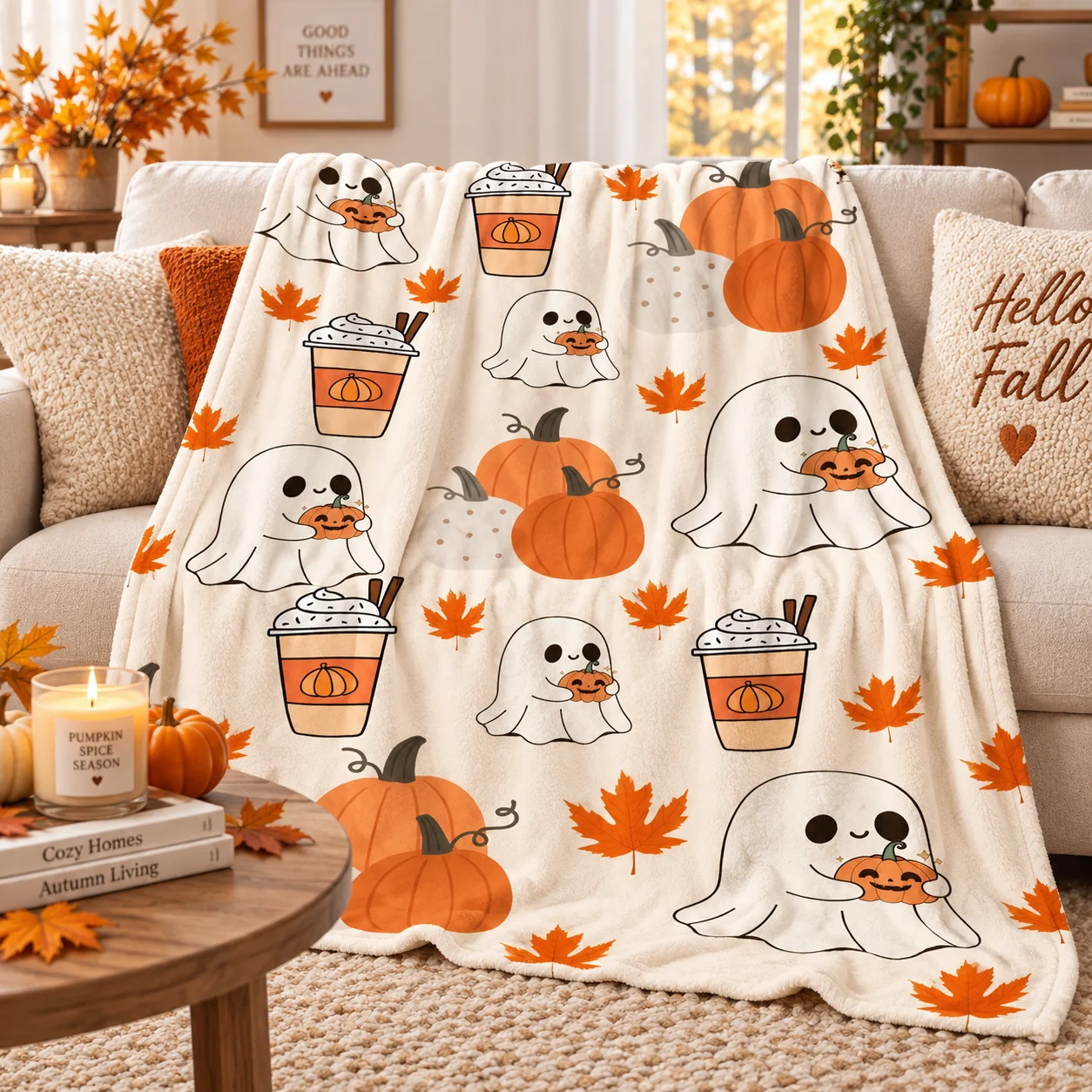 Cute Ghost Pumpkin Coffee Maple Leaf Halloween Blanket, Soft Flannel Throw Blanket, Autumn Fall Season Lightweight Bed Sofa Cove