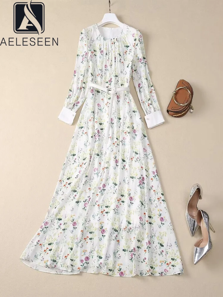 

AELESEEN Elegant Long Party Dress Runway Fashhion Autumn Full Sleeve Floral Print Romantic High Waist Slim Belt Temperament