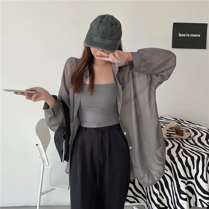 Shirt for Women Long Sleeve Top Blouse Female Chiffon Loose Summer Cardigan Thin Sexy Solid Color Casual Shirt Outerwear