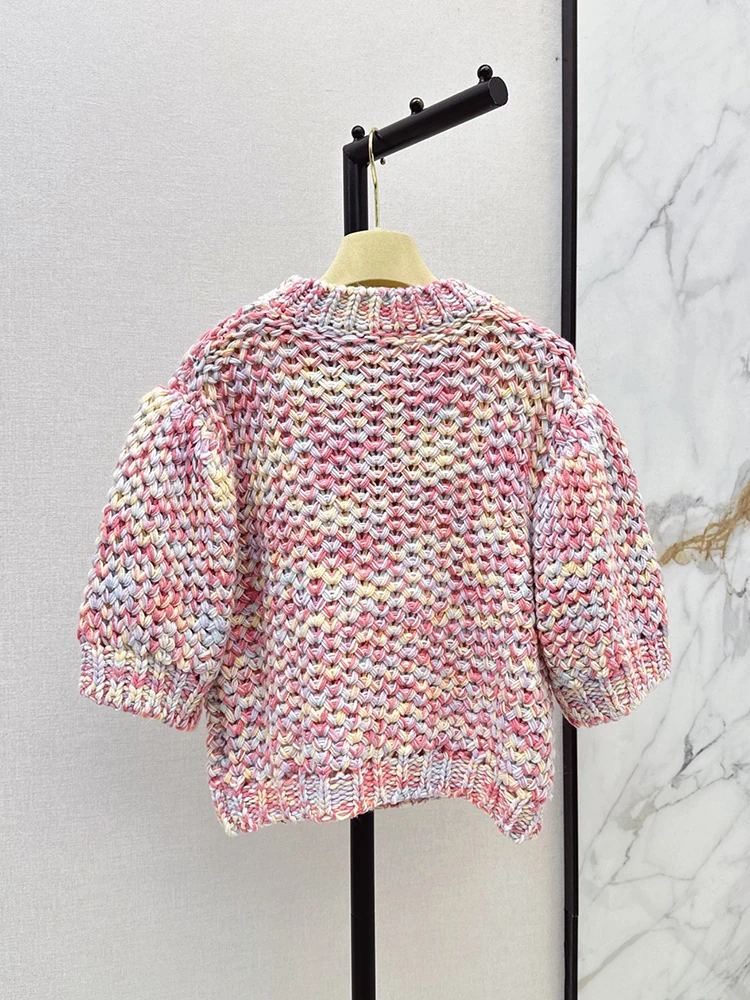 Spring Summer Fashion Indoor Casual Macaron Knitting Needle Pullovers Women's O-Neck Short Sleeve Slim Short Style Sweaters