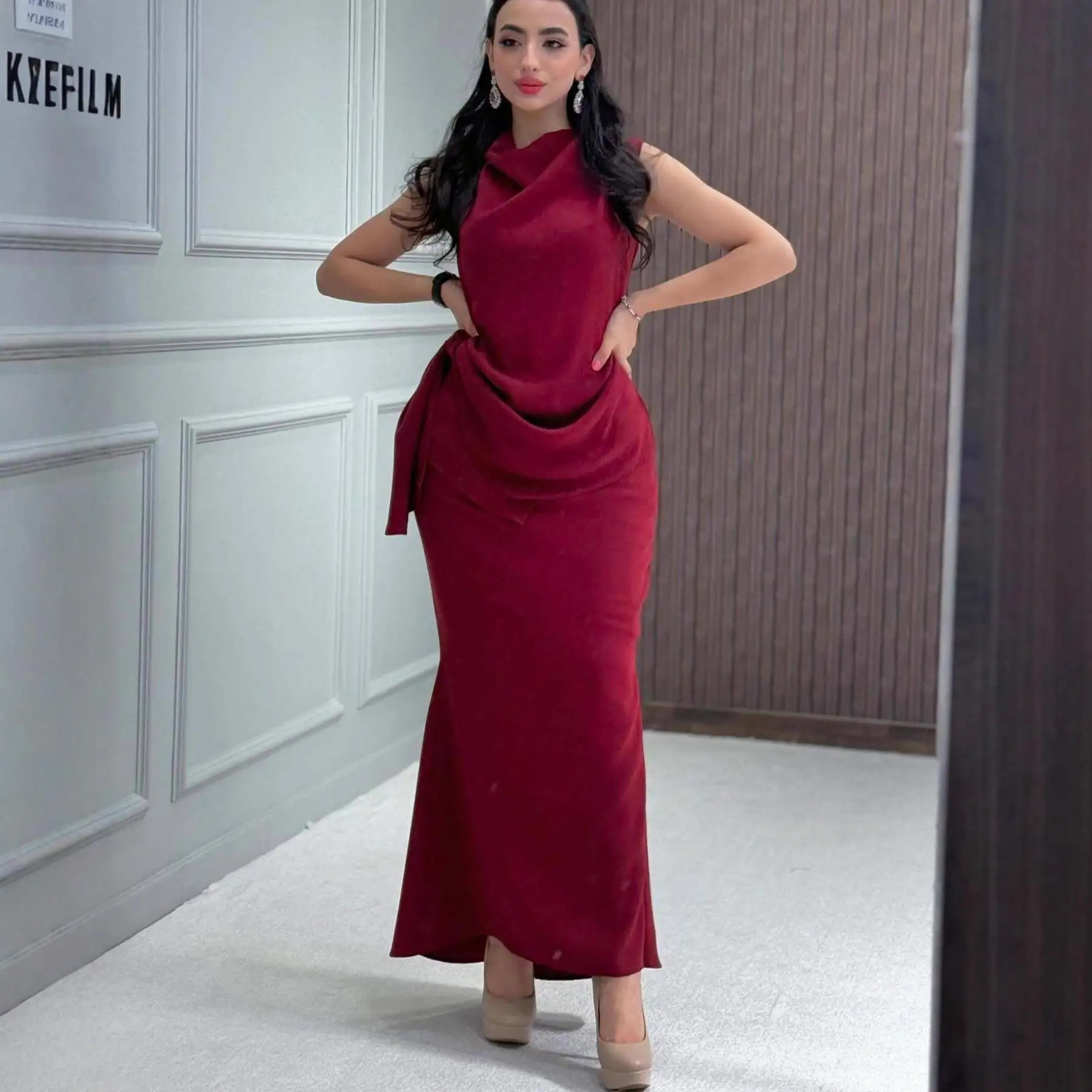 가을 겨울 중동 독립 스테이션 여성용 하이 칼라 슬림 바디콘 드레스 웨딩 및 기타 행사용