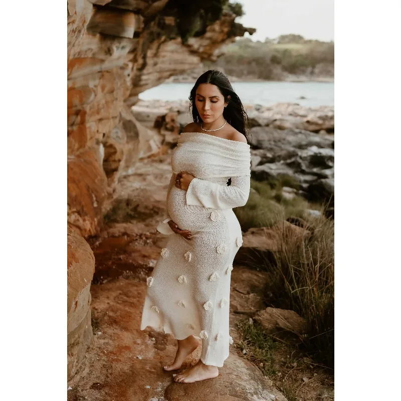 

Платье для беременных, платье для фотосессии с длинными рукавами, платье для беременных для детского душа, сексуальное длинное платье для фотосъемки с открытыми плечами и 3D цветком