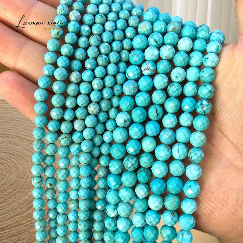 Natural Stone 6-10mm Round Faceted Blue Turquoise Loose Spacer Beads for Jewelry Making Diy Bracelet Charms Accessories
