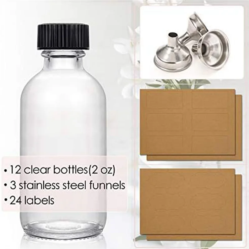 12Pc 2 Oz Small Clear Glass Bottles with Lids & 3 Funnels - 60Ml Bottles for Juice Ginger , Whiskey,