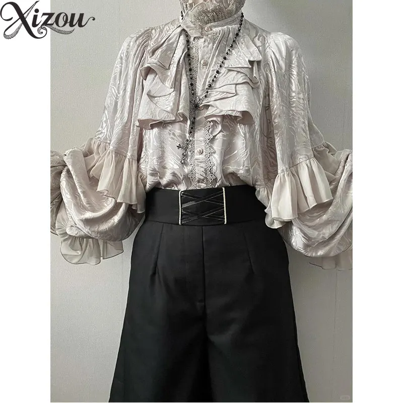 

Gothic Silver Lolita Shirt Batwing Sleeve Loose Prince Daily Retro Court Tops Spring Autumn Female Elegant Steampunk Ruffle