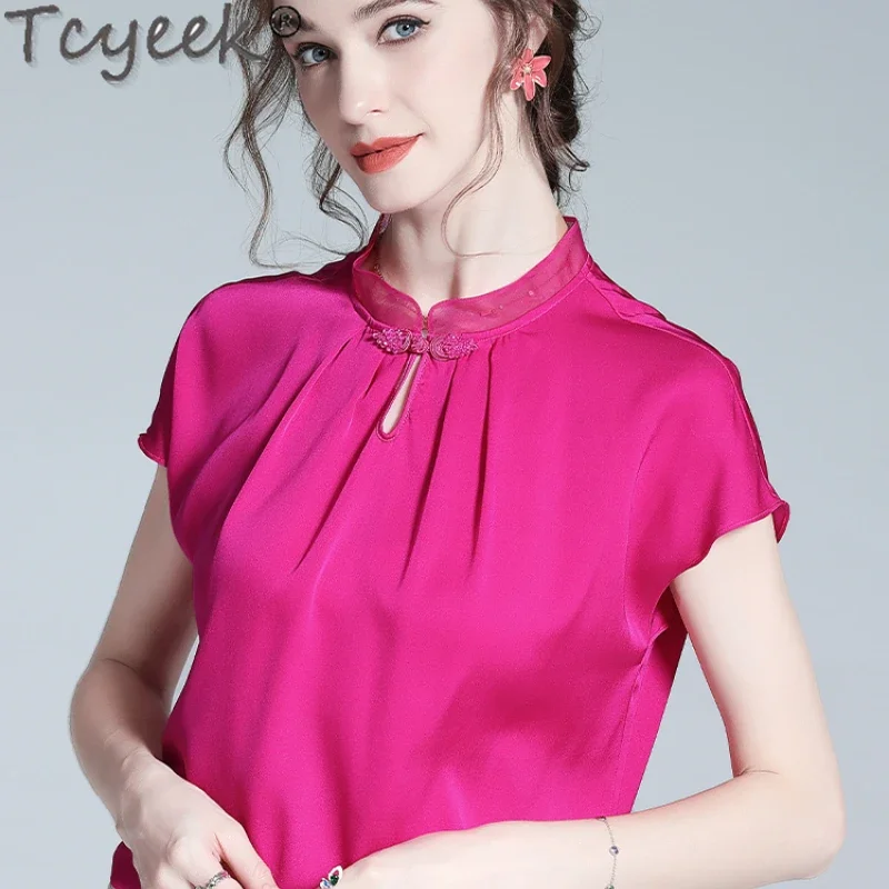 

Tcyeek 95% Mulberry Silk Blouse 2024 Elegant Female Blouses Fashion Short Sleeve T-shirt Summer Clothes High-end Womens Tops