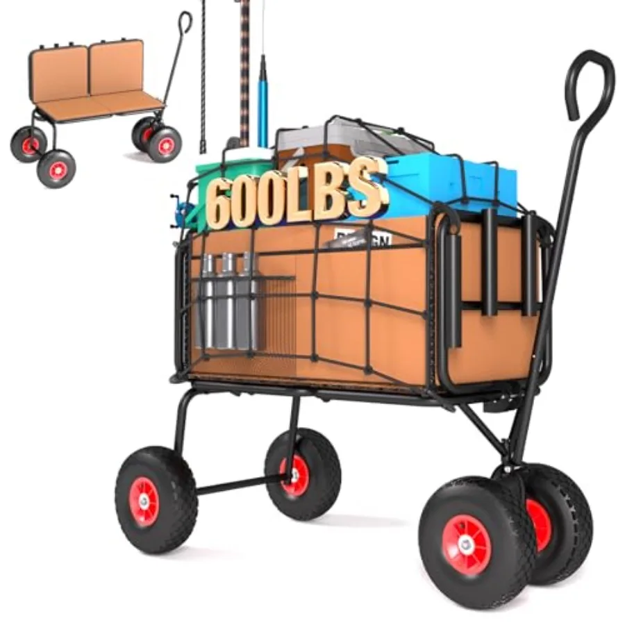

3 in 1 Beach Fishing Cart Heavy Duty Garden Carts with All Terrain Inflatable Tires Folding Wagon Cart Convertible to Chair or