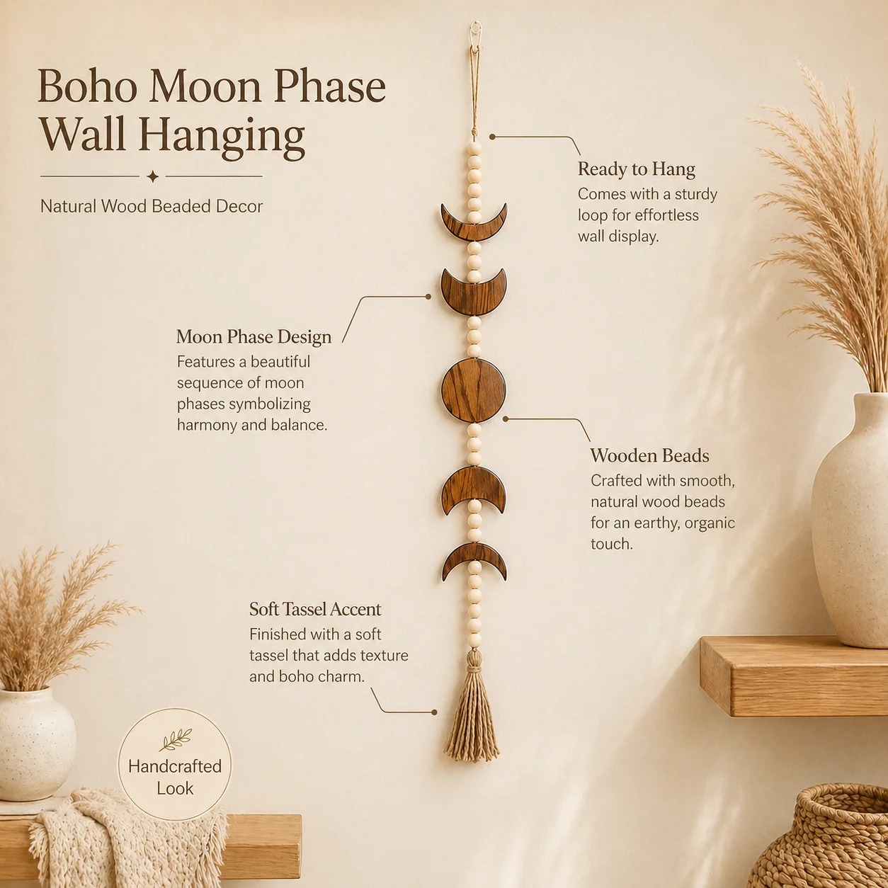 Boho Mondphasen Wandbehang Holzperlen-Girlande mit Quaste für Schlafzimmer Wohnzimmer Kinderzimmer Dekoration – Detail 2