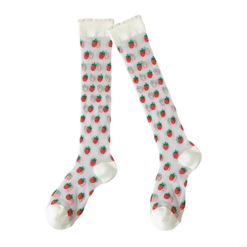 

L5YC Crystal Glass Silk See Through Long Socks for Women Elegant Sweet Strawberry Pattern Knee Highs Stockings