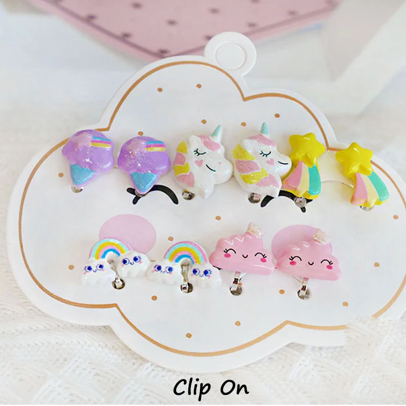 Cute Mermaid Flamingo Resin Earrings Ear Clips on Earrings for Girls Kids 5PRS/SET No Piercing Earring