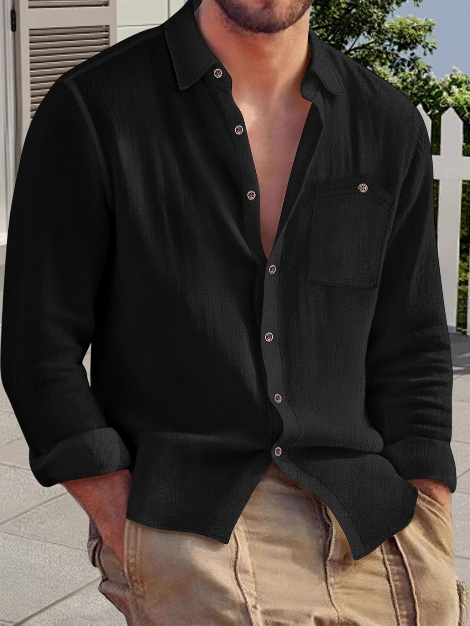 Herren-Hemd mit entspannter Passform, langärmelig, einfarbig, Button-Down-Hemd mit Umlegekragen und Brusttaschen für Freizeitkleidung im Herbst