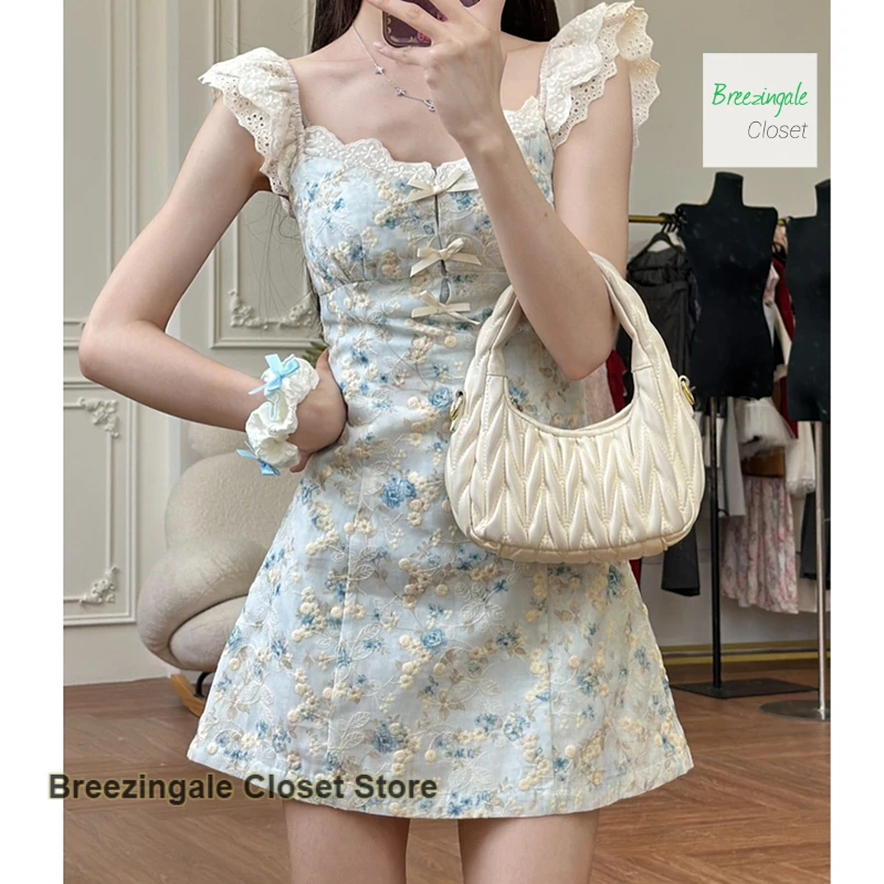 

Summer new sweet girl bubble sleeve dress French square collar fashion temperament waist floral skirt pure temperament skirt
