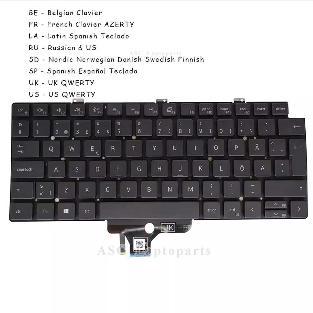 

New Belgian French Latin Spanish Russian Swedish UK US Keyboard for Dell Latitude 7310 13-7310 2-in-1 BACKLIT, no Frame, BLACK