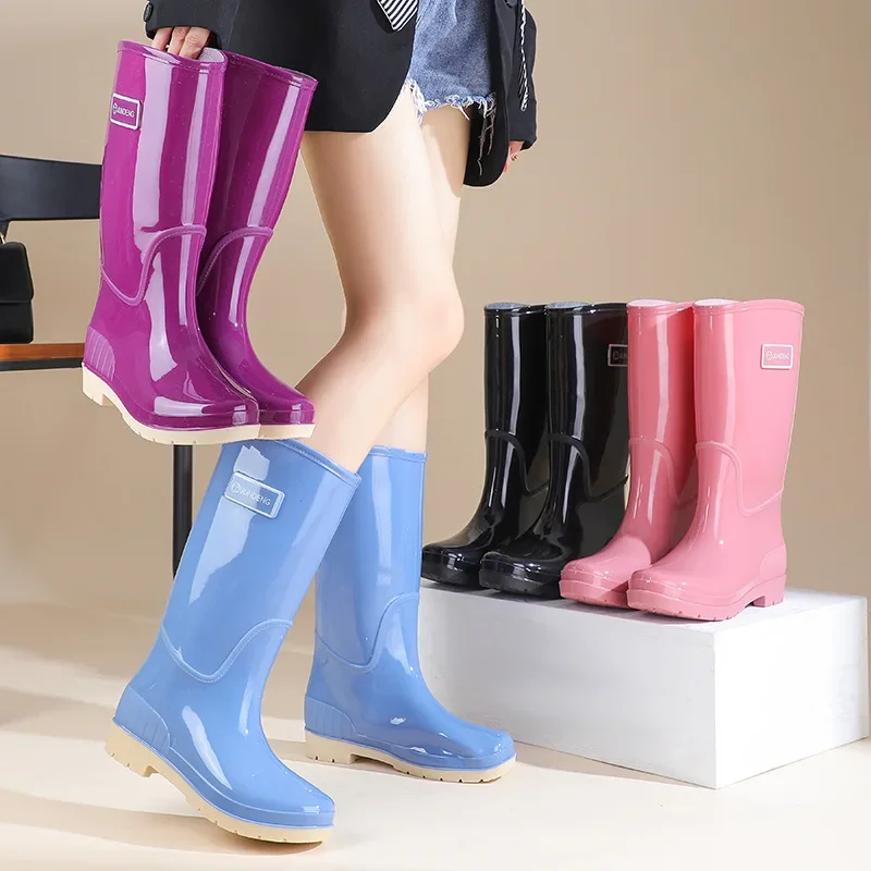 2024 New Women's High-top Waterproof Fleece-lined Rain Boots Anti-slip Adult Fashion Outerwear Long-booted Kitchen Footwear