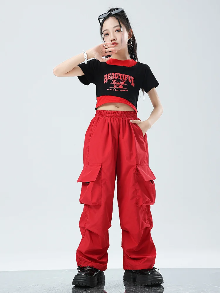 

Kid Hip Hop Clothing Black Print Crop T Shirt Top Red Casual Pleated Cargo Pants for Girl Boy Jazz Dance Wear Costumes Clothes