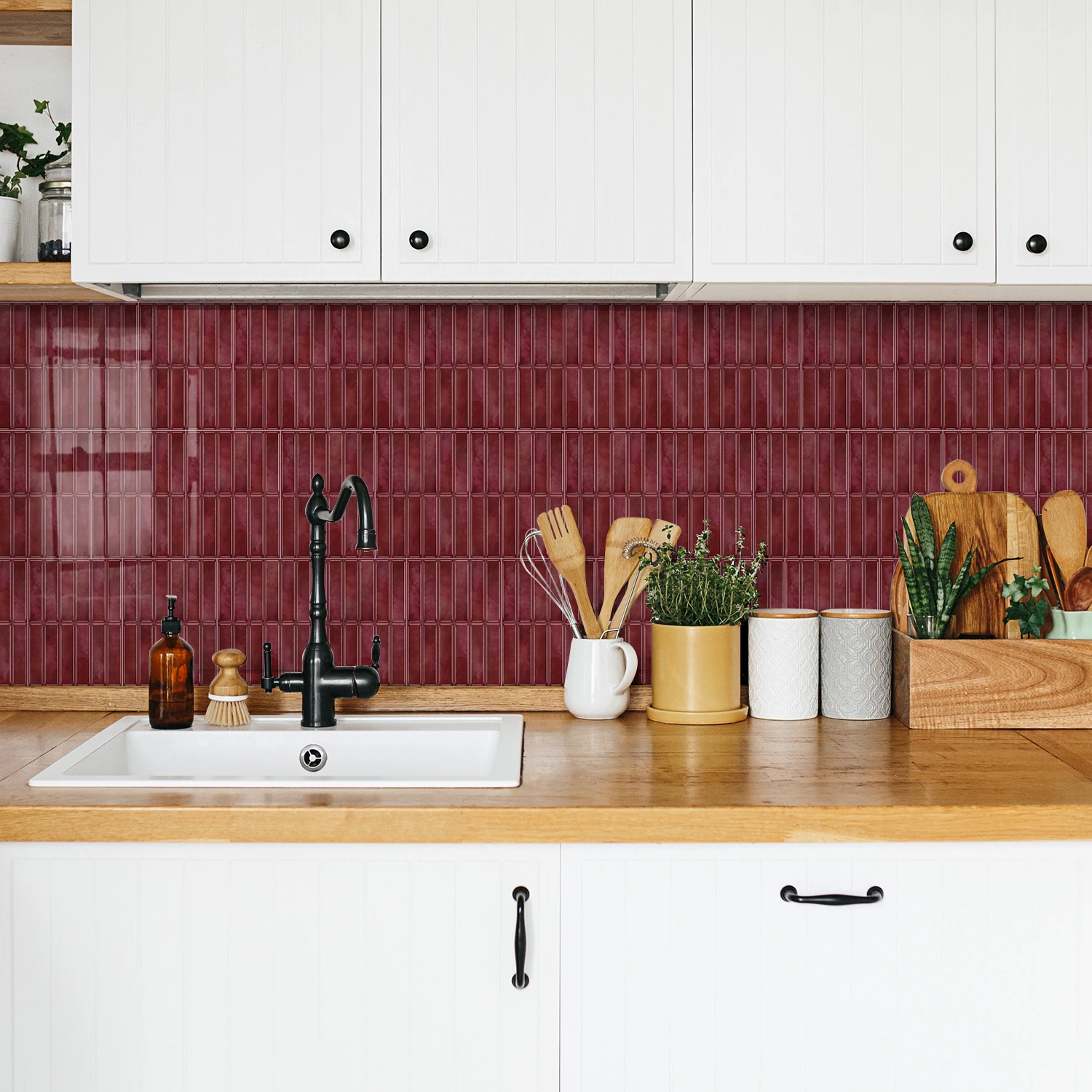 Red Brick Pattern Self-Adhesive Wall Stickers (6.7×9inch) PE Foam Waterproof Tile Decals for Kitchen & Bathroom