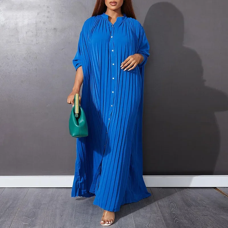 Pleated Summer Dresses Large Size Long Dress for Women Casual Cardigan Muslim Dress Women Kaftan Single-breasted Women Clothes