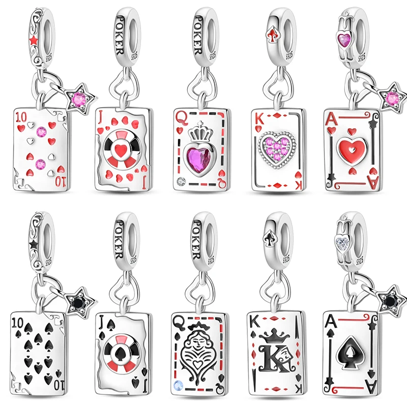 

925 Sterling Silver Poker Card Pendant Beads Black Spade 10-A Royal Flush Red Heart 10-A Charm For Bracelet Woman Jewelry Gifts