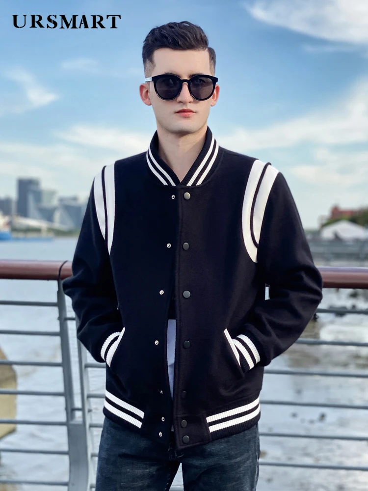 Men's leather sleeves of baseball suit Fleece Jackets Fashion trend American style college style Thickened warm autumn and winte