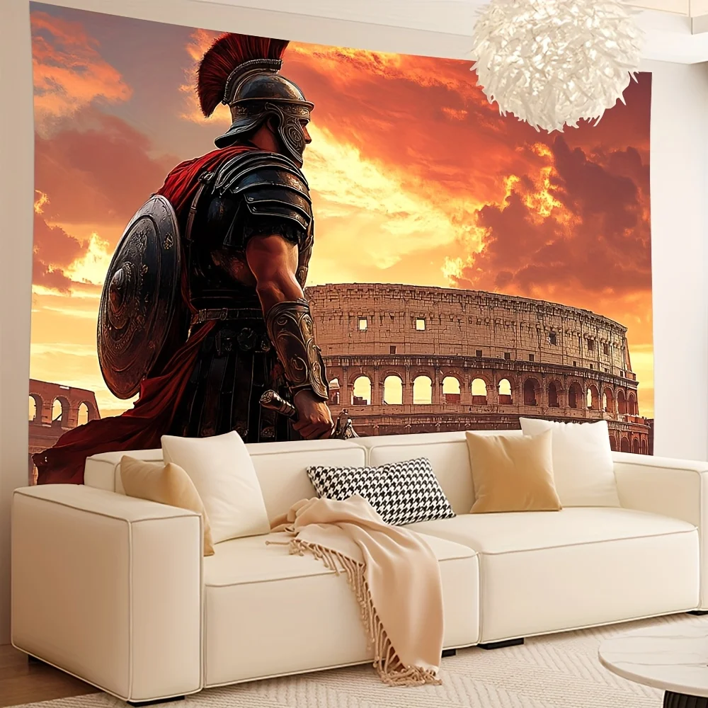 Epic Roman Soldier at Colosseum Tapestry - Polyester Wall Hanging Decor with Dramatic Sunset Scene, Perfect for Living Room or P