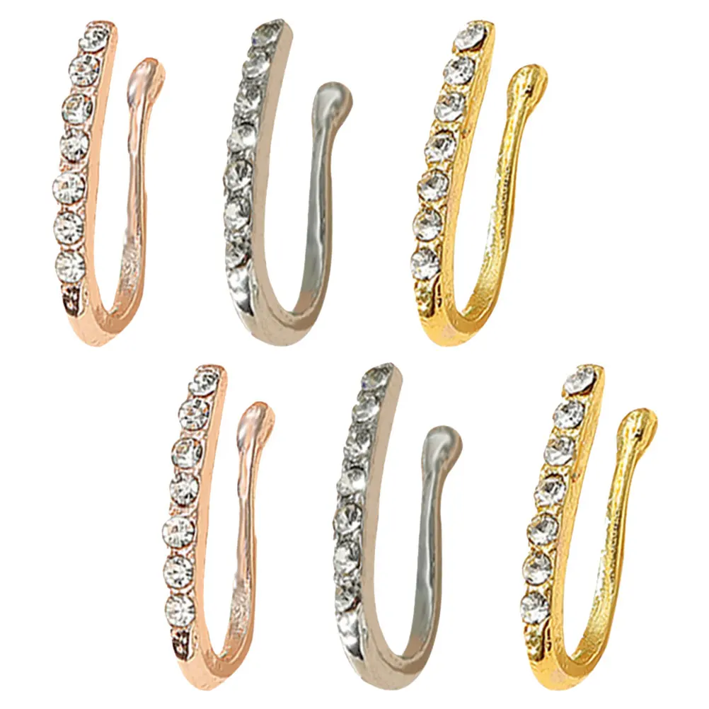 6 قطع عصرية على شكل حرف U بدون ثقب الأنف خواتم حجر الراين الجلد-مجوهرات للنساء والرجال قابلة لإعادة الاستخدام غير مثقوبة وهمية