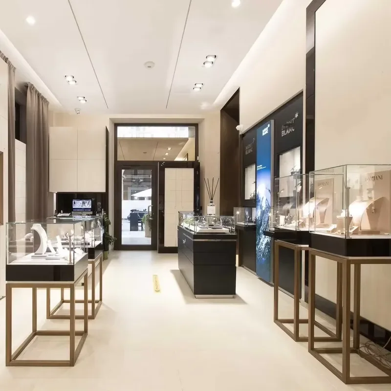 Jewelry Watch Display Showcase Rotating Stand LED Lighting for Retail Store Tempered Glass MDF Customizable Logo