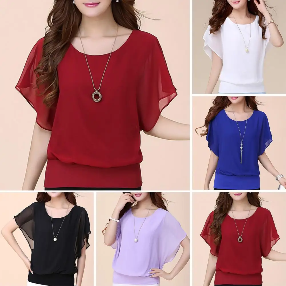 Women Chiffon Tops Elegant Chiffon Office Tops for Women Stylish Loose Fit Pullover Blouses Summer Short Sleeve Workwear Tops