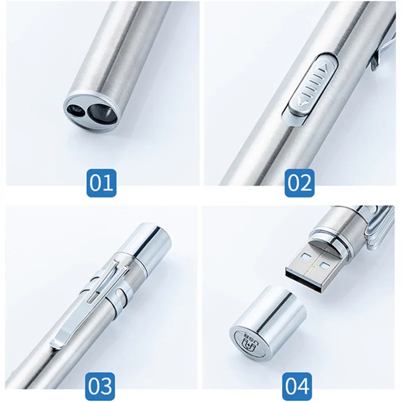 Portable Dual Light Source LED Stainless Steel Nursing Penlight Flashlight for Students Doctors