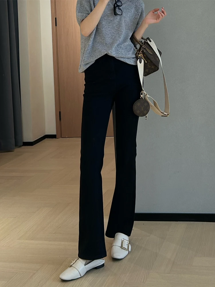 

Джинсы WTHEONE с высокой талией, эластичные, слегка расклешенные, черные, длинные брюки, весенняя мода, женские, премиум-деним