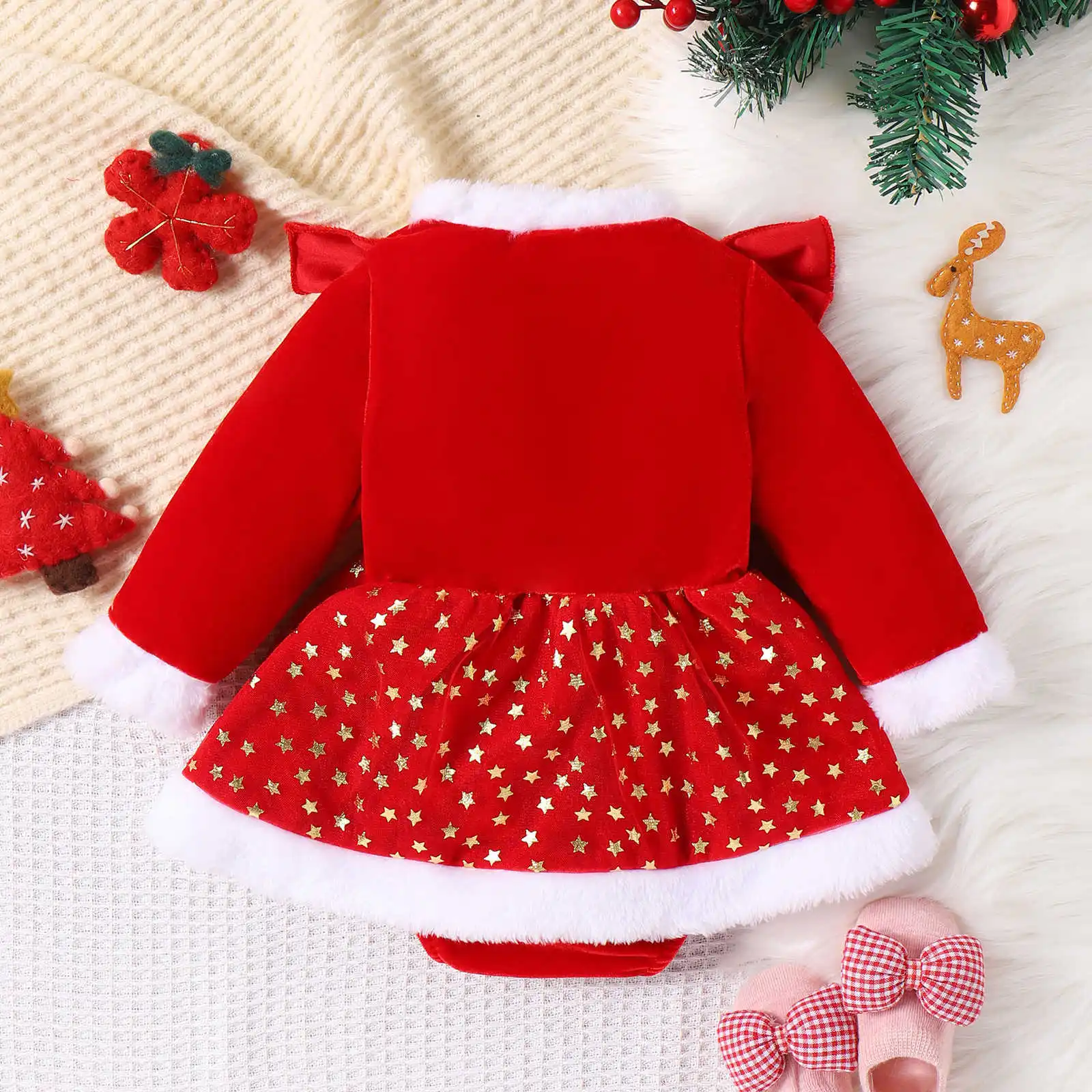 Girls Casual Dresses Europe Beautiful Winter Golden Velvet Bow Knot Sequin Splicing Plush Childrens Clothing Red