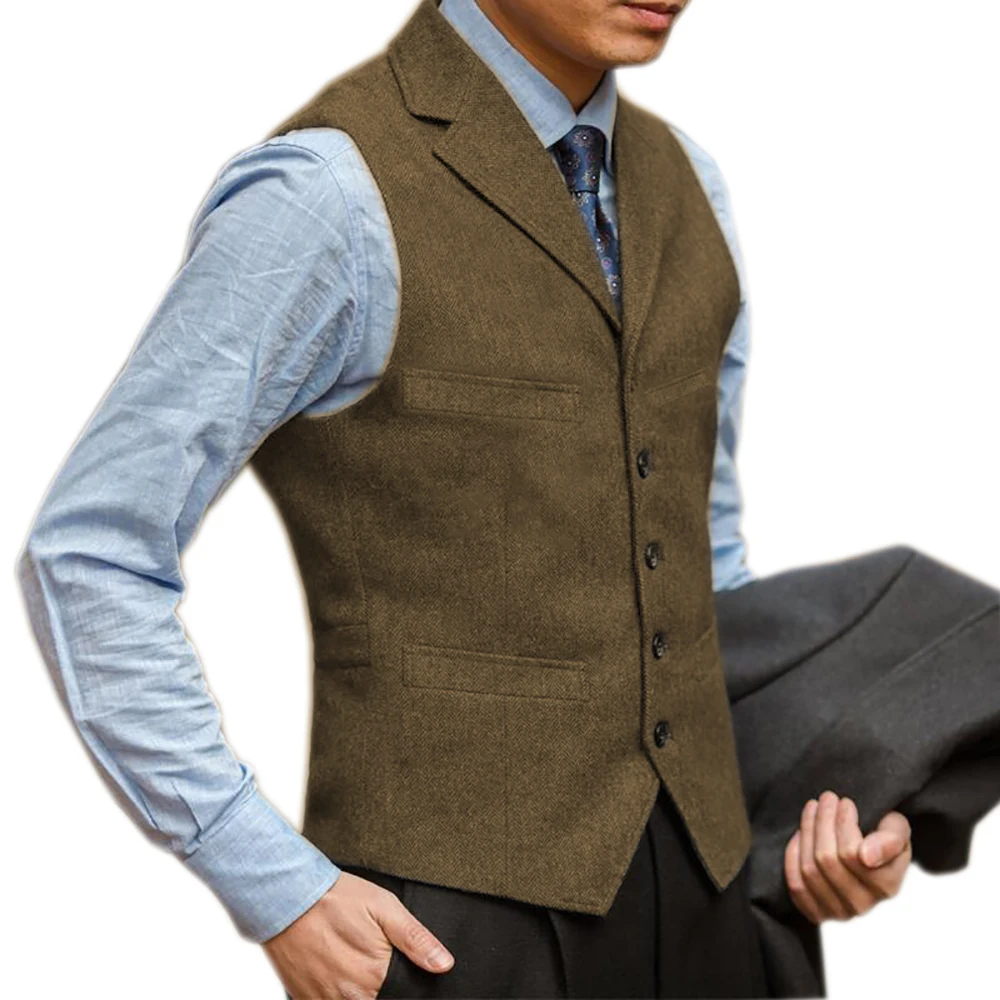 

Herringbone Men's Vest Brown British Herringbone Tweed Suit Vest Business Formal Waistcoat Notch Lapel Sleeveless Casual Vest