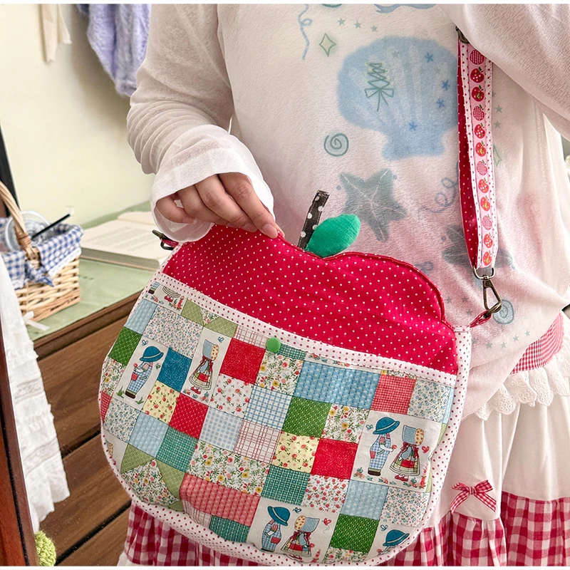 Patchwork-Stoff-Umhängetasche, Apfelförmige Handtasche mit Blumen- und Punktmuster für Damen, Mädchen, Studenten, Cottagecore, süße Handtasche – Detail 26