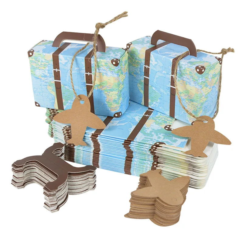 5/10Pcs Mini World Map Suitcase Gift Box Kraft Paper Candy Boxes Travel Wedding Gifts Favors Baby Shower Birthday Party Supplies