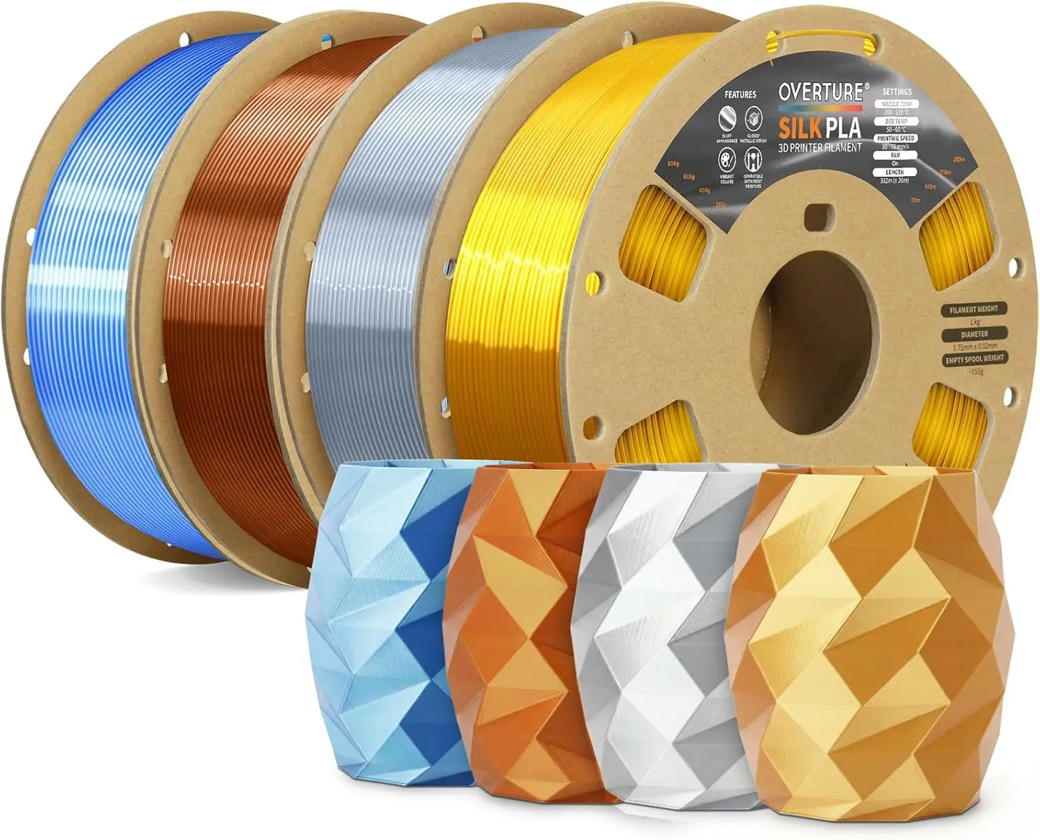 

Silk PLA Filament Bundle 4 Rolls 1kg Each, Clog-Free Shiny Metallic Finish for 3D Printer, Gold Silver Copper Blue-Silver