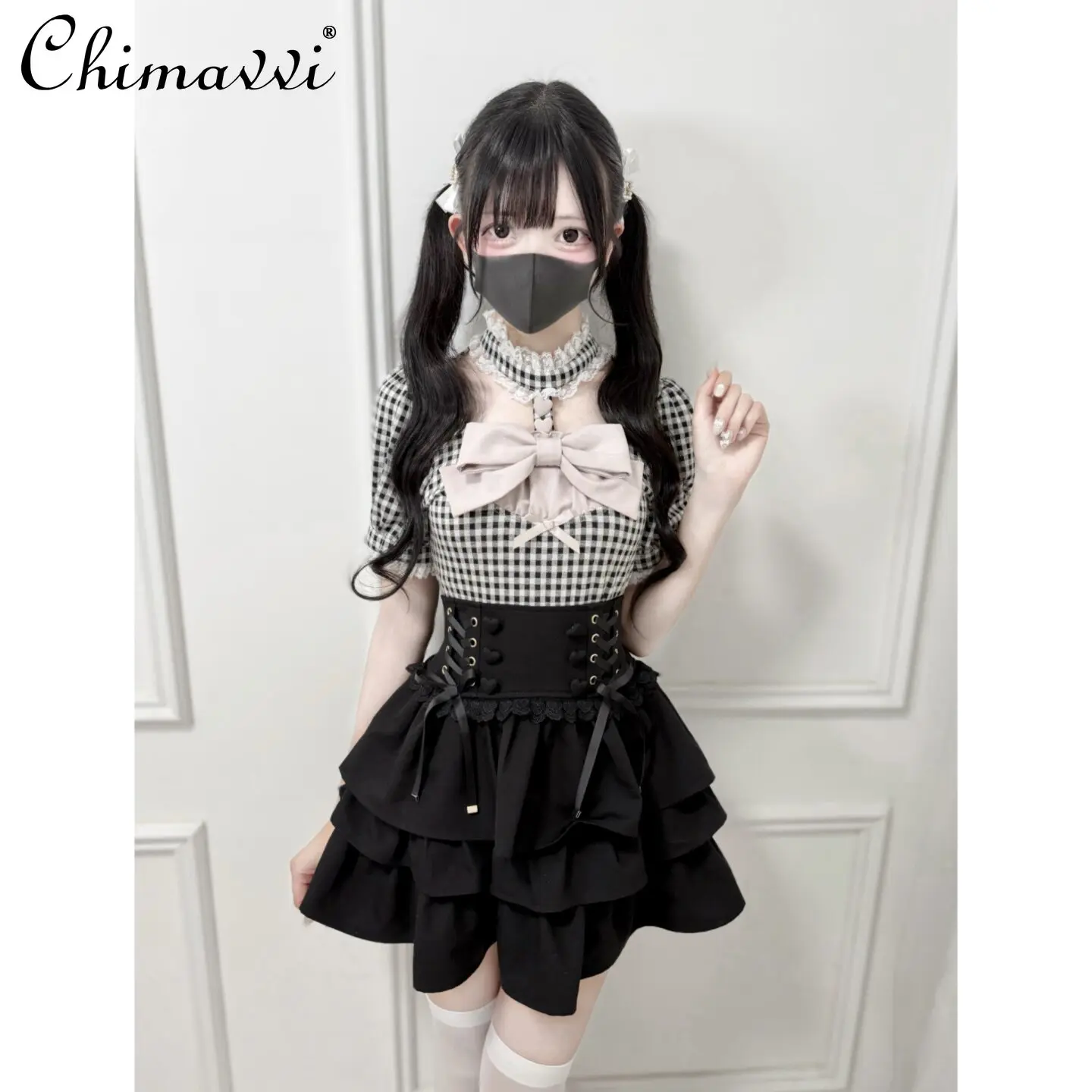 

Original Japanese Sweet Girls Bib Bow Lace Stand Collar Heart Button Knitting Tops Short Sleeve Women's Lolita Top and Skirts