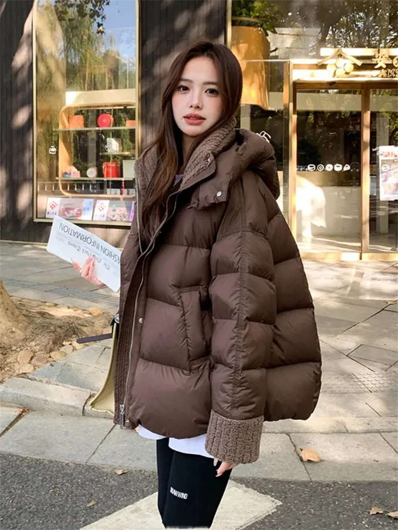 Coffee Colored Down Cotton Jacket For Women In Winter 2024 New Loose Lambhair Collar Cotton Jacket With Thick Coat